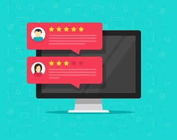 Computer and customer review rating messages vector illustration, flat desktop pc display with online reviews or client testimonials, concept of experience or feedback, rating stars, survey comments, local movers